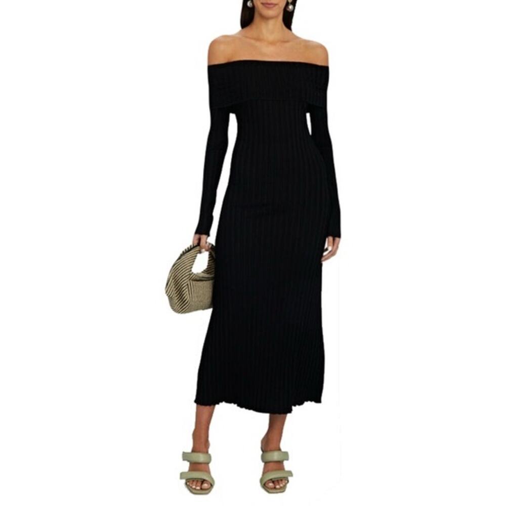 NWOT SIMON MILLER Dress XS “Espen” Off/On-Shoulder Rib Midi Black Stretch LongSl